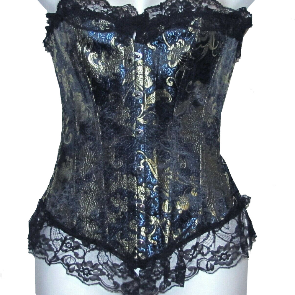 BLUE & GOLD SATIN BROCADE  CORSET/BUSTIER
